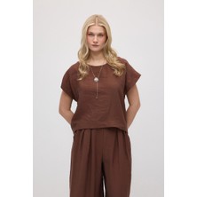 Gusto Yuvarlak Yaka Tencel Bluz - Kahverengi
