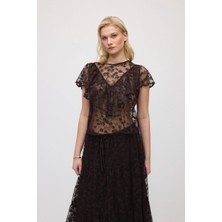 Gusto Kısa Kollu Dantel Bluz - Kahverengi