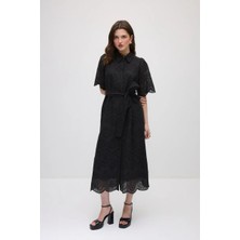 Gusto Brode Pamuklu Uzun Gömlek Elbise - Siyah