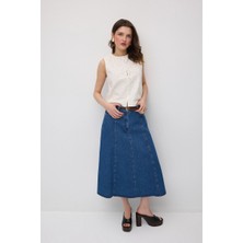 Gusto Örgü Kemerli Midi Denim Etek - Mavi