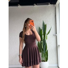 Qimya Butik Buketli Kadın Ince Scuba Kumaş Eteği Çift Kat Kare Yaka Kısa Kollu Mini Elbise