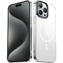 Zore iPhone 15 Pro Max Uyumlu Usgn Wireless Şarj Özellikli Şeffaf G-Glass Kapak-Lacivert