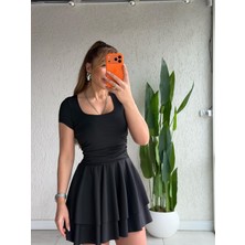 Qimya Butik Buketli Kadın Ince Scuba Kumaş Eteği Çift Kat Kare Yaka Kısa Kollu Mini Elbise