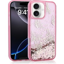 Zore iPhone 16 Uyumlu Kılıf Sıvılı Simli Kelebek Baskılı Şeffaf Arka Yüzey Usgn Glis Silikon Kapak-Pembe