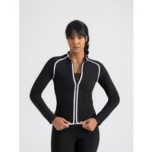 Lismina KadınUzun Kollu Spor Ceket Siyah Beyaz Biyeli Fermuarlı Düz Tasarım