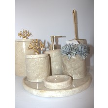 Akmera Home Pirinç Kulplu %100 Doğal Bej Mermer Banyo Seti – 7 Parça