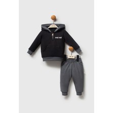 Moi Noi Premium Yarım Fermuarlı Kapüşonlu Bebek Takımı - Siyah & Antrasit