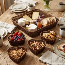 By Nevser® 5 Parça,4 Kalp Formlu Plastik Rattan Sunum ve Kahvaltı Seti-Bölmeli Çerezlik ve Meyvelik-Doğal Hasır Görünümlü Tepsi ve Sunum Tabakları