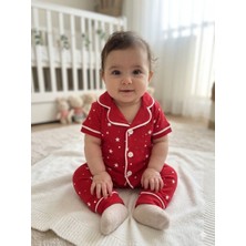 Tuem Baby  Bebek Kırmızı Yıldız Desenli Kısa Kollu Düğmeli Pijama Takımı ( Beden Ölçüleri Açıklamada)