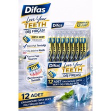 Difaş Love Your Teeth Diş Fırçası 12 Adet Standlı Orta Sert Medium Ergonomik Saplı Manuel Diş Fırçası Seti