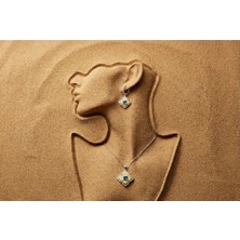 Cobalt | 925 Ayar Gümüş Mavi Taşlı ve Geometrik Çerçeveli Set (Kolye ve Küpe)