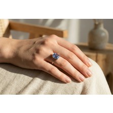 Oceanıc | 925 Ayar Gümüş Safir Mavisi Zümrüt Kesim (Emerald Cut) Tektaş Yüzük