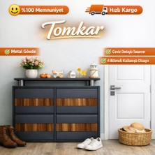 Tomkar 2+2 Antrasit Metal Ayakkabılık Ahşap Ceviz Kaplamalı ( Kilitsiz )