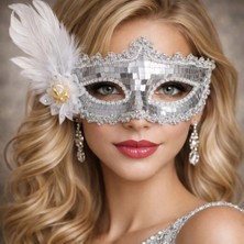 Najmaddin Gümüş Tüylü Payetli Lüks Taşlı Parti Maskesi