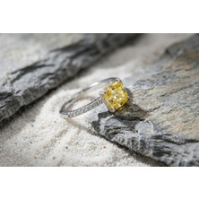 Solar | 925 Ayar Gümüş Sarı Cushion Kesim Halo Tektaş Yüzük