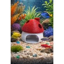 Asi 3D Tasarım Akvaryum Dekoratif Kırmızı Mantar Ev Suya Batan Model 8x8 cm