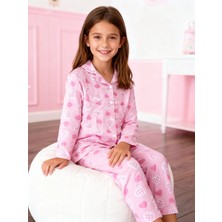 NiCe İç Giyim Pembe Renk Kalp Desenli Yumuşacık Gömlek Yaka Düğmeli Kız Çocuk Pijama Takım