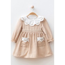 GMG Collection Baby Çiçek Işlemeli Yaka ve Cep Detaylı Kız Çocuk Elbise - Bej