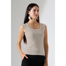 Şiir Leon Slim Fit U Yaka Ay Kollu Esnek Basic Kaşkorse Kadın Top & Bluz & Tshirt - Bej