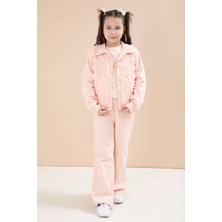 Ecolkız Pembe Somon Önü Gül Işlemeli Ceketli Kız Çocuk Pantolonlu 3lü Alt Üst Takım