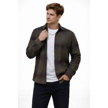 Cococan8 Erkek  Oduncu  Gömlek Slim Fit Uzun  Kol  Ekose  Desen  Koyu  Kahve Akrilik Kumaş Yumuşak Dokulu