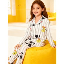 NiCe İç Giyim Tweety & Slyvester Temalı Beyaz Renk Gri Çizgili Gömlek Yaka Düğmeli Kız Çocuk Pijama Takım