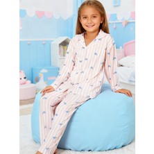 NiCe İç Giyim Pembe Şerit Çzgili Çicek Desenli Gömlek Yaka Düğmeli  Kız Çocuk Pijama Takım