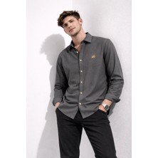 Cococan8 Erkek Gri Kadife Örme Gömlek Nakışlı Uzun Kol Yumuşak Dokulu