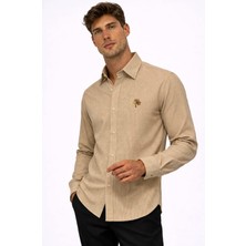 Cococan8 Erkek Saman Sarısı Kadife Örme Gömlek Nakışlı Uzun Kol Yumuşak Dokulu