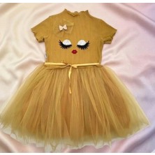 Biçomi Bicomi Antialerjik Pamuklu – Payetli ve Şık Tasarım Kız Çocuk Elbisesi (Hardal)