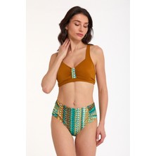 Argento Kadın Kahverengi Desenli Büyük Beden Ince Sabit Kaplı Yüksek Bel Toparlayıcı Bikini Takımı