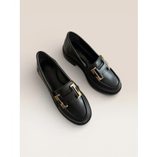 Noliva Kadın Siyah Cilt Tokalı Loafer Günlük Makosen Ofis Ayakkabısı