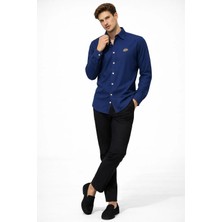 Cococan8 Erkek  Lacivert Kadife Örme Gömlek Nakışlı Uzun Kol Yumuşak Dokulu