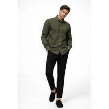 Cococan8 Erkek Yeşil  Kadife Örme Gömlek Nakışlı Uzun Kol Yumuşak Dokulu