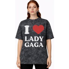 Sevbano I Love Lady Gaga Şarkıcı Baskılı Unisex Oversize Vintage Yıkamalı Tişört