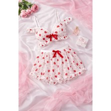 Çeyize Dair Herşey Kadın Çilek Desenli Fırfırlı Bralet ve Mini Etek Takımı 3 Parça