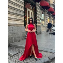 MBK Fashion Yüksek Yaka Yırtmaçlı Uzun Abiye Elbise