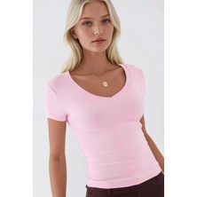 Hiccup Kadın Busem V Yaka Kısa Kollu Esnek Tişört Toz Pembe