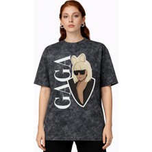 Sevbano Tasarım Lady Gaga Şarkıcı Baskılı Unisex Oversize Vintage Yıkamalı Tişört