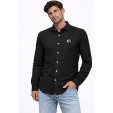 Cococan8 Erkek Siyah Kadife  Örme Gömlek Nakışlı Yumuşak Dokulu