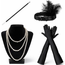 Çerçici 1920 Ler Çarliston Aksesuar Seti - Inci Kolye, Eldiven, Sigara Tutucu, Siyah Saç Bandı