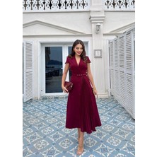 MBK Fashion Kruvaze Yaka Piliseli Kemerli Midi Elbise