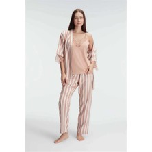 Hsc Bilişim Ip Askılı V Yaka Kadın Viskon Çizgili Desenli Yazlık Örme Pijama Sabahlık Takımı