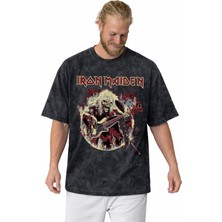 Sevbano Tasarım Iron Maiden Rock Metal Müzik Grubu Baskılı Unisex Oversize Vintage Yıkamalı Tişört