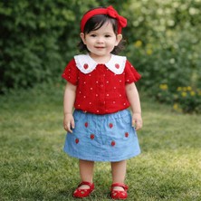 Kız Bebek Müslin Üst &çilekli Nakışlı Kot Etek