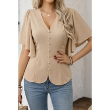 Balmior Kadın Kısa Kollu Önden Düğmeli Ithal Krep Bluz