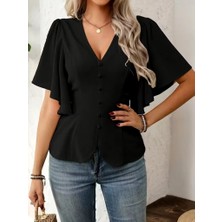 Barış Beauty Kadın Kısa Kollu Önden Düğmeli Ithal Krep Bluz