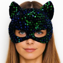 LTG Nova Siyah Kadife Kumaş Üzerine Yeşil Payetli Pullu Parti Maskesi 16X14 cm