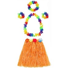 LTG Nova Yetişkin ve Çocuk Uyumlu Luau Aloha Hawaii Turuncu Etek ve Renkli Kolye Taç 2 Adet Bileklik Seti