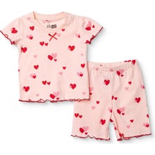 Hellobaby Kız Bebek Pijama Takımı Kalp Baskılı Çıtçıtlı Bisiklet Yaka Kısa Kol Reçme